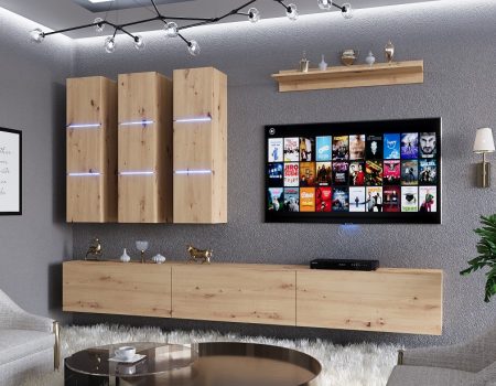 meblościanka wisząca w kolorze dąb artisan z podświetleniem LED – nowoczesna aranżacja salonu